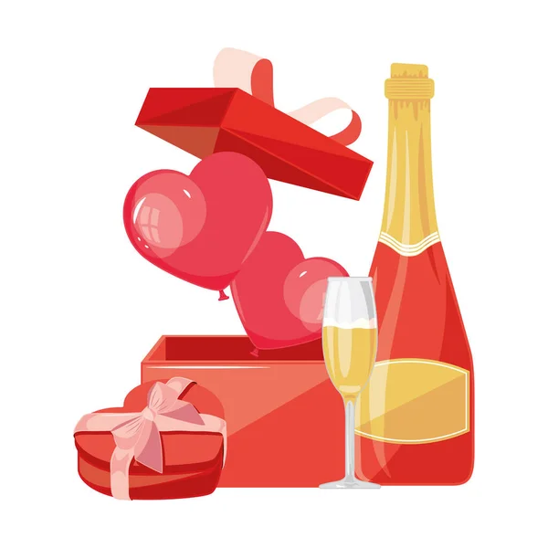 Valentines presents and champagne — Stock Vector