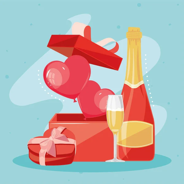 Valentines champagne with presents — Stock Vector
