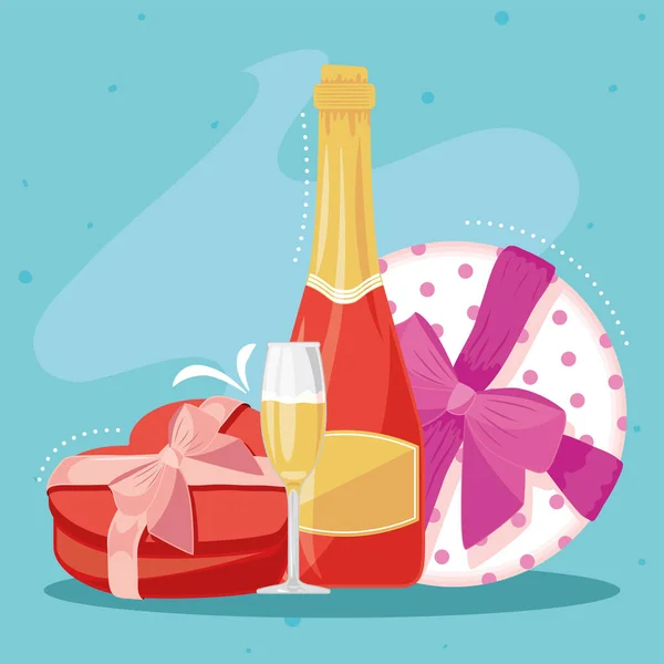 Walentynki szampan z prezentami — Wektor stockowy