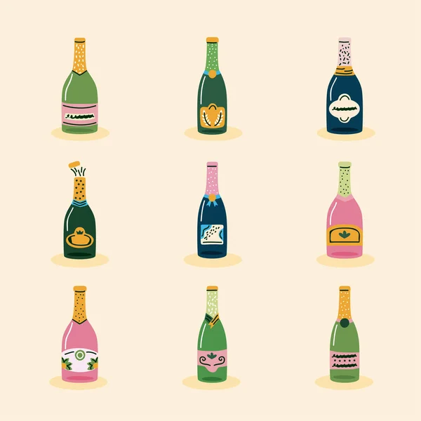 Nine champagne drinks bottles — Stock Vector
