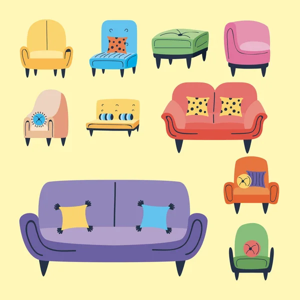 Dieci poltrone e divani — Vettoriale Stock