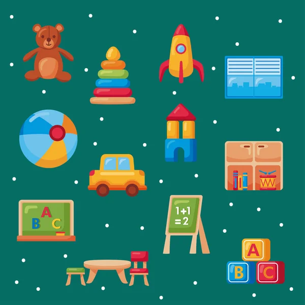 Doze ícones da escola de jardim de infância — Vetor de Stock