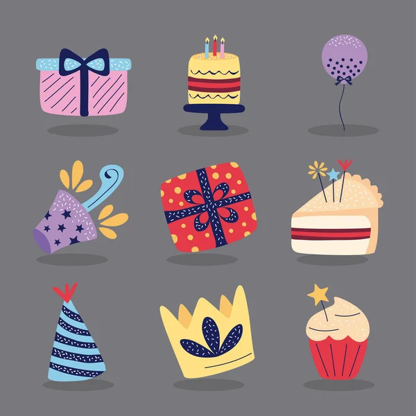 Nine happy birthday icons — Stock Vector