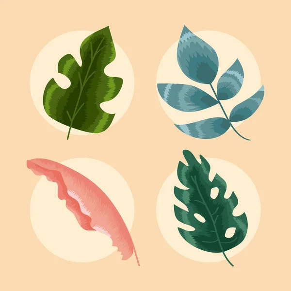 Quattro icone di foglie tropicali — Vettoriale Stock