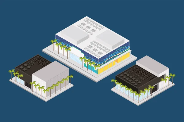 Edificios isométricos tres iconos — Vector de stock