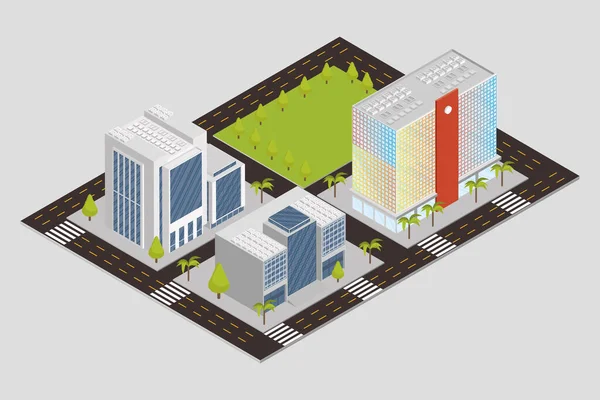 Three isometric buildings scene — Stock Vector