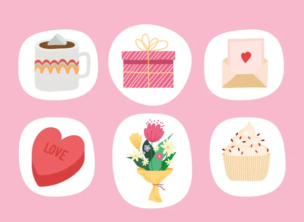 Seis iconos de celebración del día de San Valentín — Archivo Imágenes Vectoriales