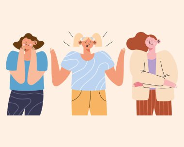 Üç kadın karakterlere el hareketi yapıyor.