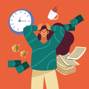 stresli kadın ve simgeler