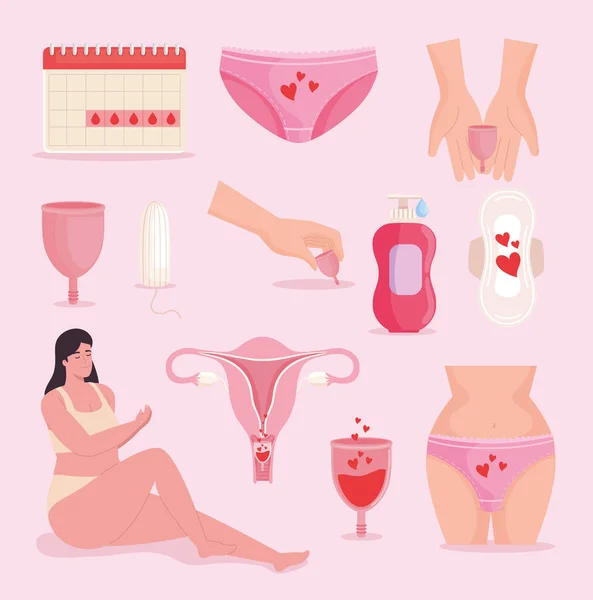 Woman and menstrual icons — Stock Vector