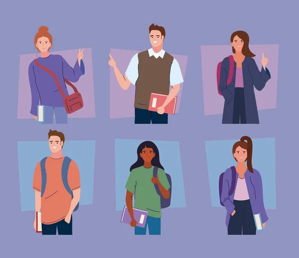 Jeunes étudiants six personnages — Image vectorielle