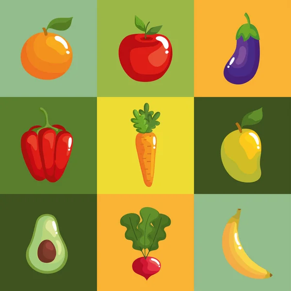 Nueve iconos de alimentos saludables — Vector de stock