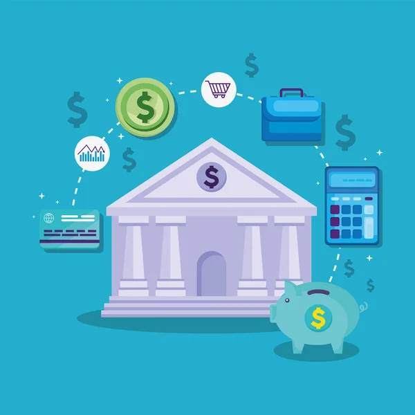 Τραπεζικά κτίρια και εικονίδια χρηματοδότησης — Διανυσματικό Αρχείο
