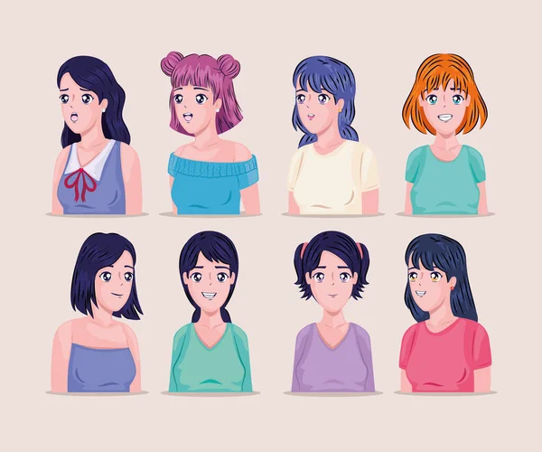 Anime femmes dans différentes poses — Image vectorielle