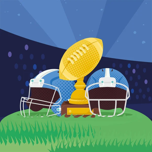 Американські футбольні шоломи та трофей. — стоковий вектор