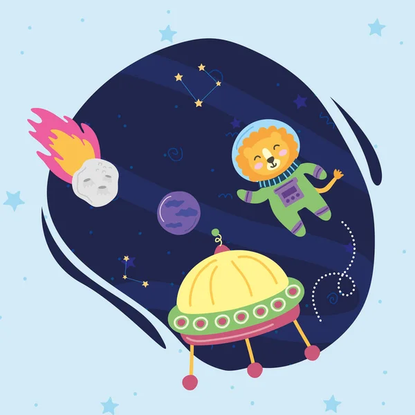 Astronaut lion and ufo — Stock Vector
