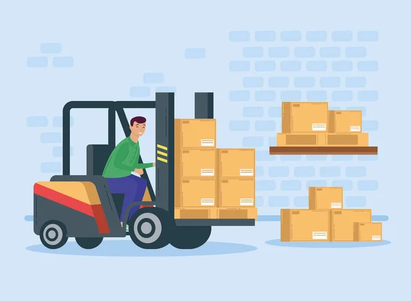 Worker with forklift and boxes — Stock Vector