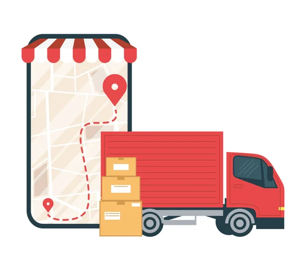 Delivery truck in smartphone — Stock Vector