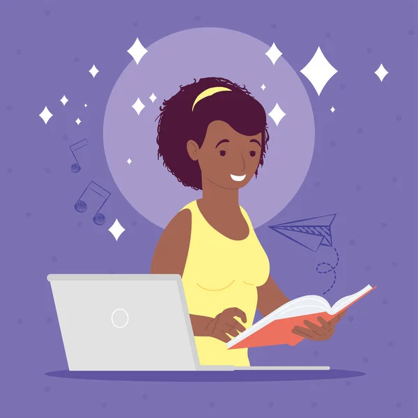 Afro woman studing with laptop — Stock Vector