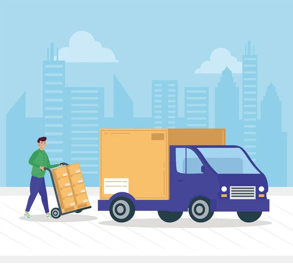 Delivery worker and truck — Stock Vector
