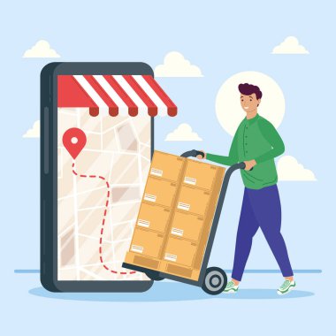 Kutuları ve akıllı telefonu olan kurye