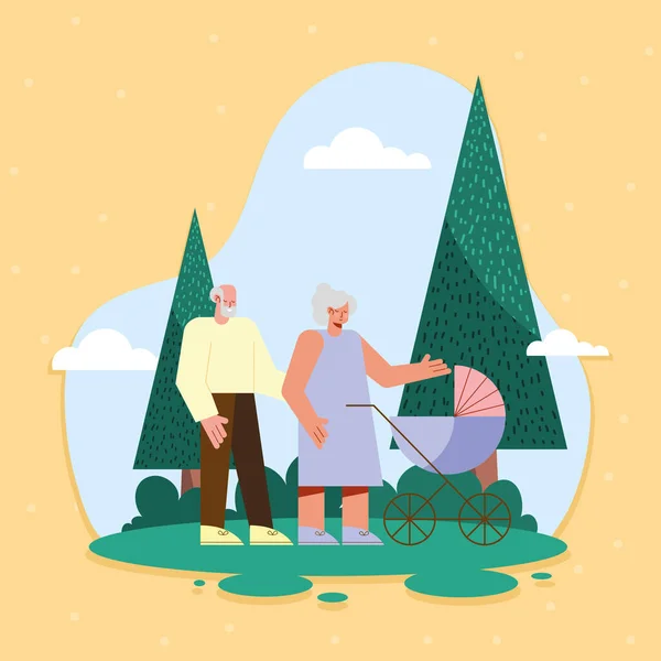 Старі батьки і дитячий візок — стоковий вектор