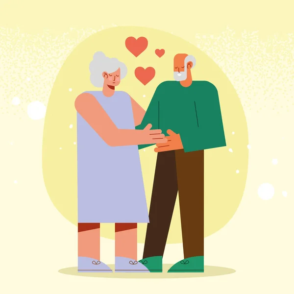Viejos amantes pareja con corazones — Vector de stock