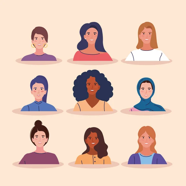 Nio ikoner med kvinnors ansikten — Stock vektor
