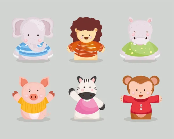 Seis ícones com pequenos animais — Vetor de Stock