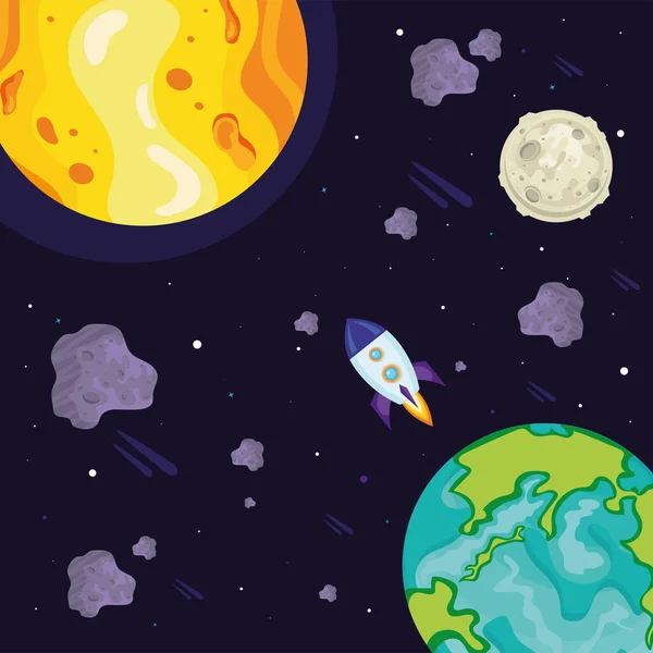 Плакат с планетами и ракетой — стоковый вектор
