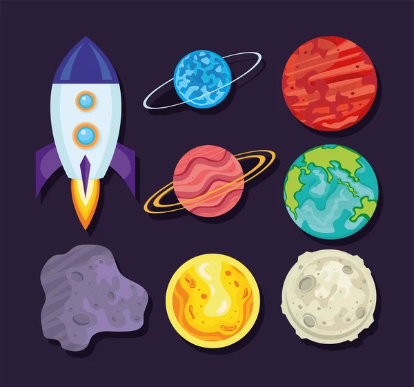 Ikoner med raket och planeter — Stock vektor