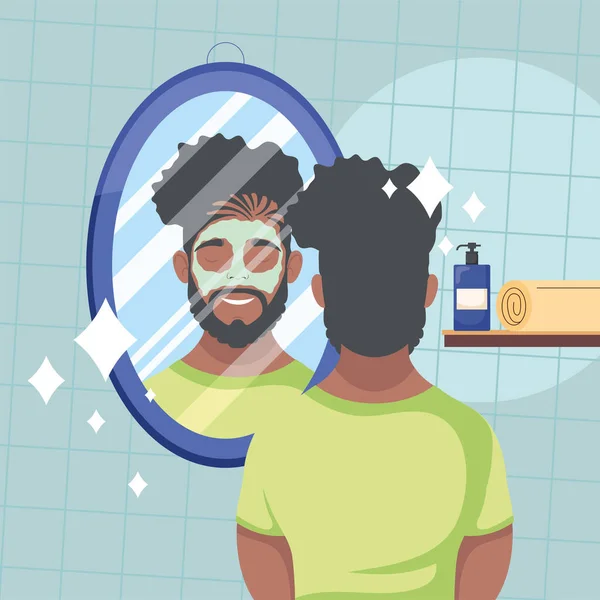 Hombre afro con máscara y espejo — Vector de stock