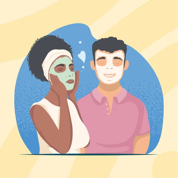 Paar met maskers gezichtsbehandelingen — Stockvector