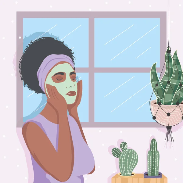 Afro mulher com máscara e plantas de sala —  Vetores de Stock