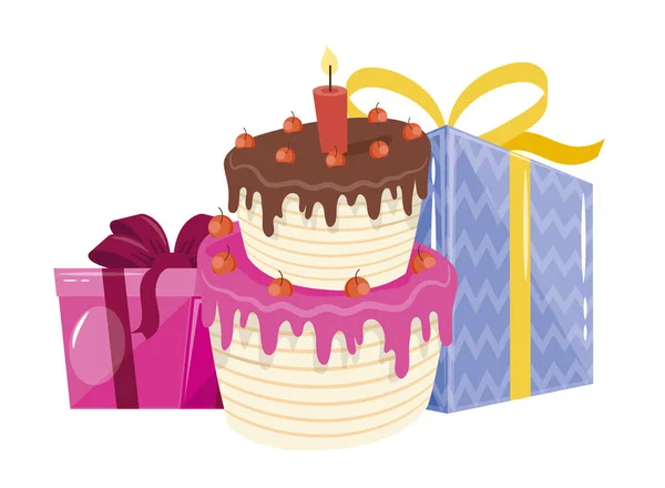 Gâteau d'anniversaire et cadeaux — Image vectorielle