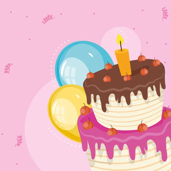 Pastel de cumpleaños y globos — Vector de stock