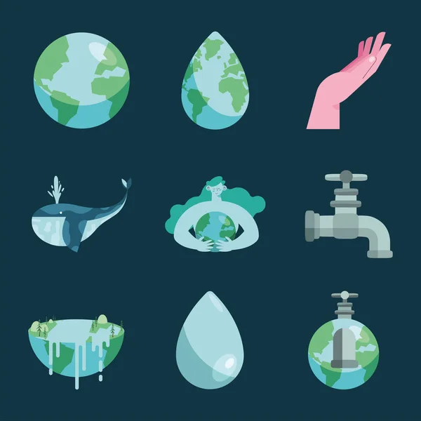Nine water day icons — Stock Vector