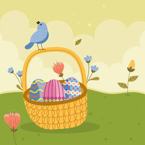 Panier de Pâques avec oiseau — Image vectorielle