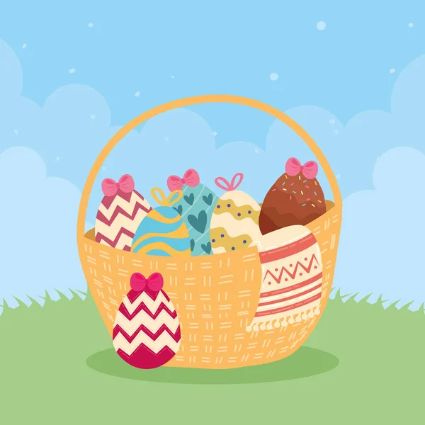 Huevos de Pascua en escena cesta — Vector de stock