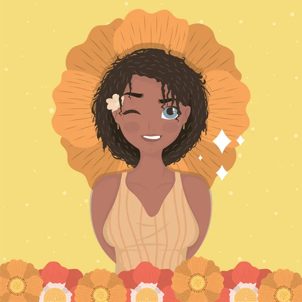 Αφρο γυναίκα με λουλούδια — Διανυσματικό Αρχείο
