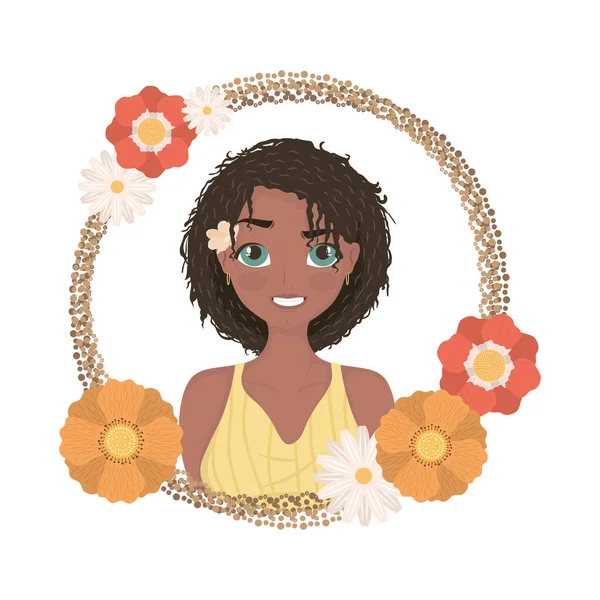 Donna afro con cornice floreale — Vettoriale Stock