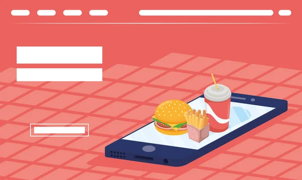 Smartphone con comida rápida — Vector de stock