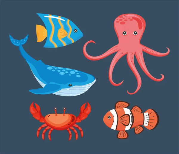 Cinco iconos de la vida marina — Vector de stock