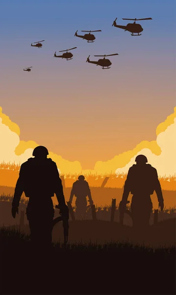 Soldats et hélicoptères scène — Image vectorielle