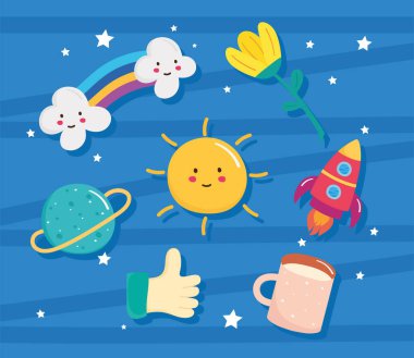 mavi arkaplan üzerinde sevimli simgeler