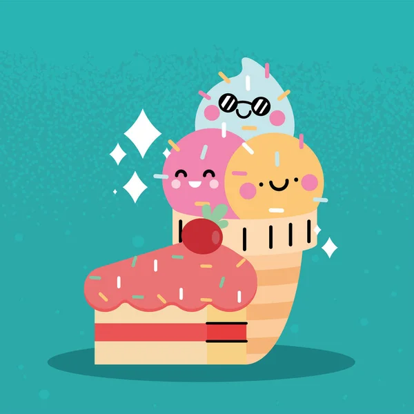 Crème glacée et gâteau kawaii — Image vectorielle