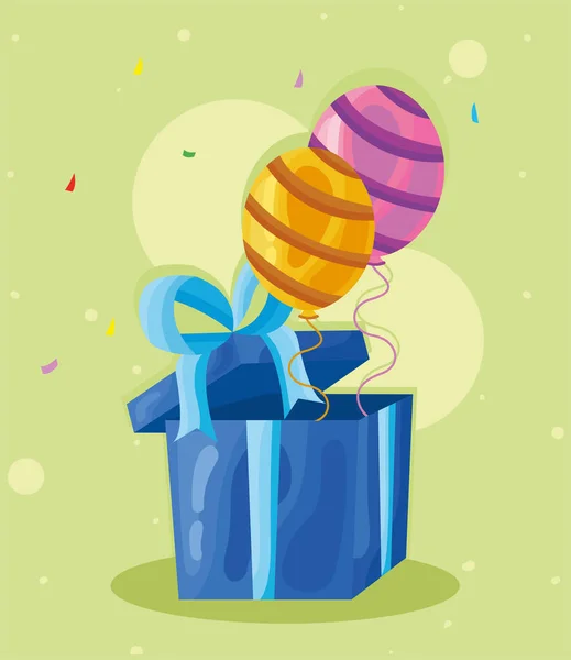 Μπλε κουτί δώρου και μπαλόνια — Διανυσματικό Αρχείο