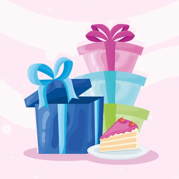 Чотири подарунки та торт — стоковий вектор