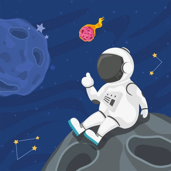 Astronauta sentado no meteorito —  Vetores de Stock