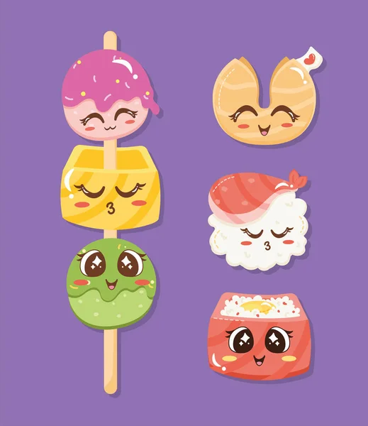 Japonais nourriture kawaii personnages — Image vectorielle